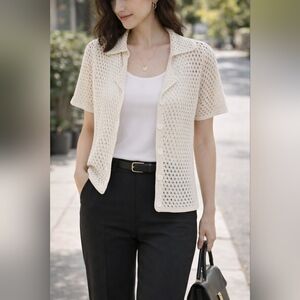 Vintage Inspired Crochet Top Cottagecore Boho Button Up Coastal Layering Shirt